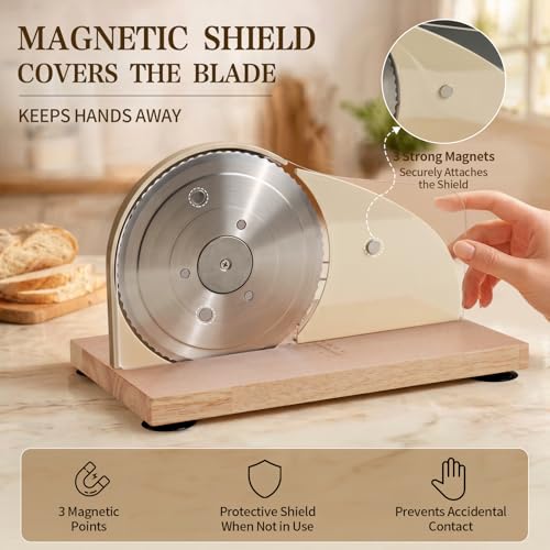 Beige Sourdough Bread Slicer with Adjustable Thickness & Hand Crank, Wooden Base & Safety Guard