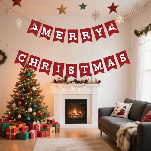 Neyeidru Red Merry Christmas Banner - Paper Party Sign, Pre-Strung
