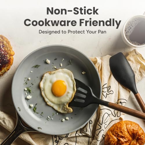 Silicone Kitchen Utensils Set - 22 Pieces with Black Handles & Acacia Wood, Black