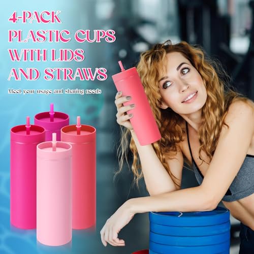 Baderke 4-Pack 16 oz Pink Skinny Tumblers with Lids & Straws - Gradient Colors
