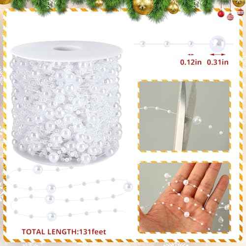 JULBEAR 131 Feet Artificial Pearl Beads Garland, White Christmas String of Pearls for Christmas Tree Fireplace Wreath Gift Bouquet Crafts DIY Supplies Wedding Party Decoration