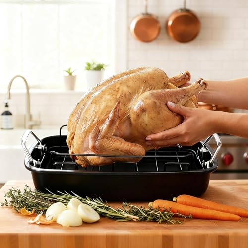 25 lb Nonstick Turkey Roasting Pan with w/Rack, 17.3 in, Box Included