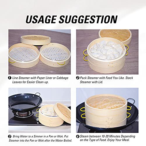 Bamboo Steamer Basket Set for Dim Sum Dumplings Vegetables - 10 Inch