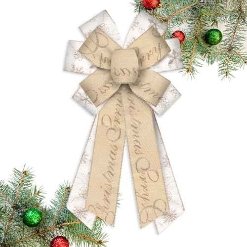 Large Christmas Bow for Wreath, Merry Christmas Wreath Bow for Front Door Wall Fence Decor White Gold Christmas Tree Topper Bow for Christmas Winter Party Home New Year Decoration Supplies