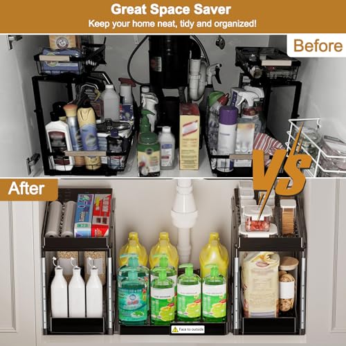 NIUXX Expandable Under Sink Organizer 27.9"L x 15.51"W Height Adjustable 2 Tier