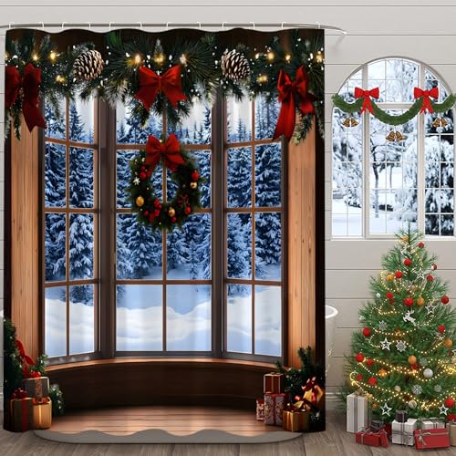 Blue Winter Christmas Shower Curtain 70x70 Inches with Hooks - Holiday Bathroom Decor