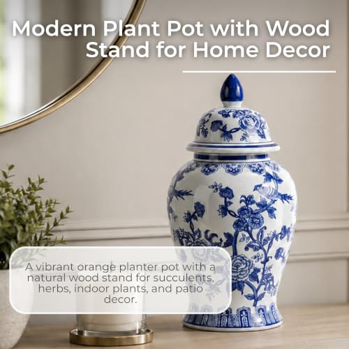 NESS AND JORD Blue 18" Ceramic Chinoiserie Ginger Jar with Lid, Large Tabletop Decor