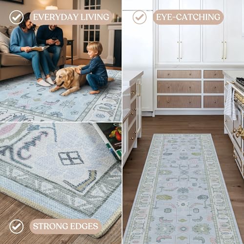 Cream Blue Faded Oushak Rug - Vintage Floral Pastel Large Area Rug for Living Room & Bedroom - 2'6" x 6'6" Variation