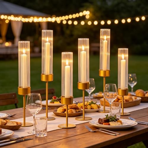 Etolies Gold Glass Hurricane Candle Holders Set of 6 – Tall Ribbed Cylinders for Weddings & Holidays