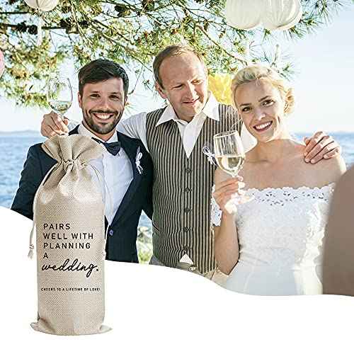 JioJio Chan Pairs Well With Planning a Wedding Wine Bag, Engagement, Funny Personalized Burlap Drawstring Wine Bag for Friend Newlyweds, Wedding Party Decorations (J353)