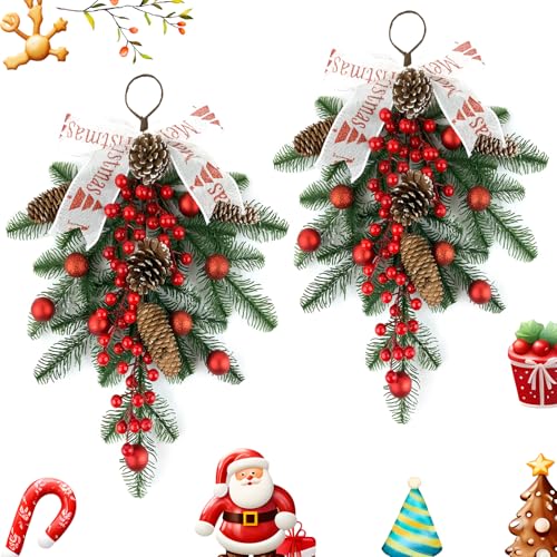 2 Pack Christmas Teardrop Swags with Berries & Pinecones – 20in Artificial Floral Wall Decor