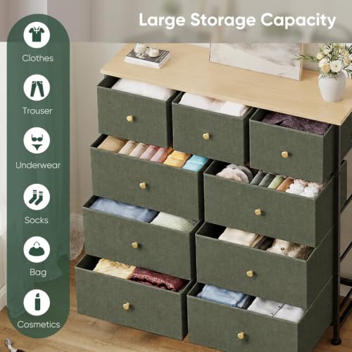 Sage Green Fabric Dresser with 9 Drawers - Bedroom Storage Tower, 11.8"D x 39.4"W x 40.2"H