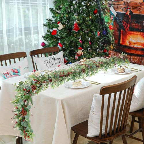 YLOLUL 6.5 Ft Artificial Eucalyptus Garland with Red Berries & Pinecones Pinecone Variant for Christmas Holiday Home Decor