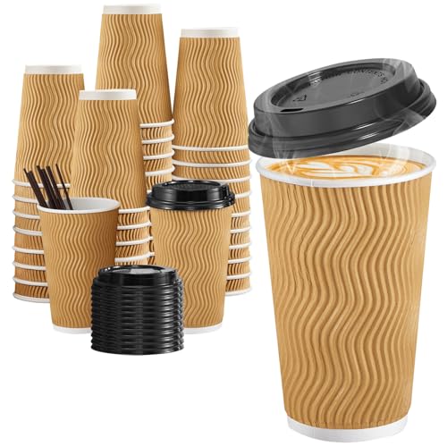 16 oz Disposable Coffee Cups with Lids & Straws - Champagne Pack of 90