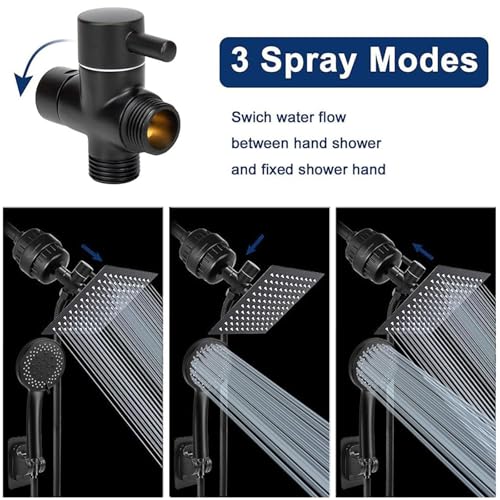 NearMoon Matte Black 8-Inch Square Filtered Rain Shower Head & Handheld Combo with 5 Settings, Self-Adhesive Holder & 1.5M Hose