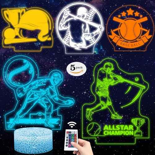 5Pcs Baseball Gift for Boys, 5 in 1 Set Baseball Night Light, 3D Lamp with Remote Control 16 Colors Changing, Birthday Xmas Gift for Sport Fan Boys Girls, Home Room Decor