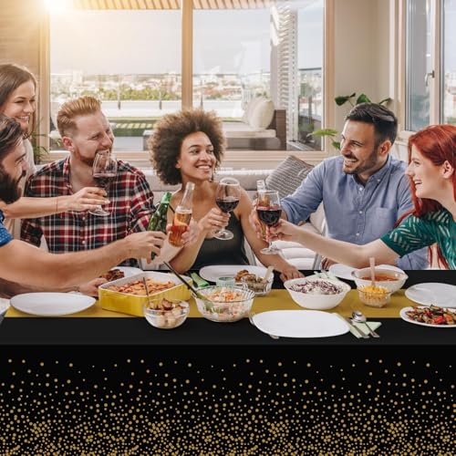 Childom 3 Pack Black and Gold Tablecloths for Events,54"x108" Plastic Table Cloths for Rectangle Tables,Disposable Party Table Covers for New Years Eve Decorations 2026,Holiday Birthday Wedding Dining
