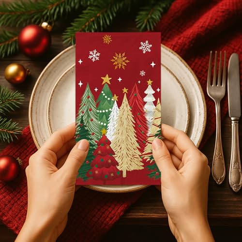 100 Christmas Napkins - Snowflake & Tree Disposable Cocktail Party Napkins