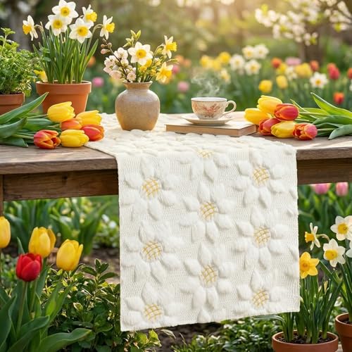 Artoid Mode 13" x 120" White Faux Fur Sunflower Table Runner for Home & Dining
