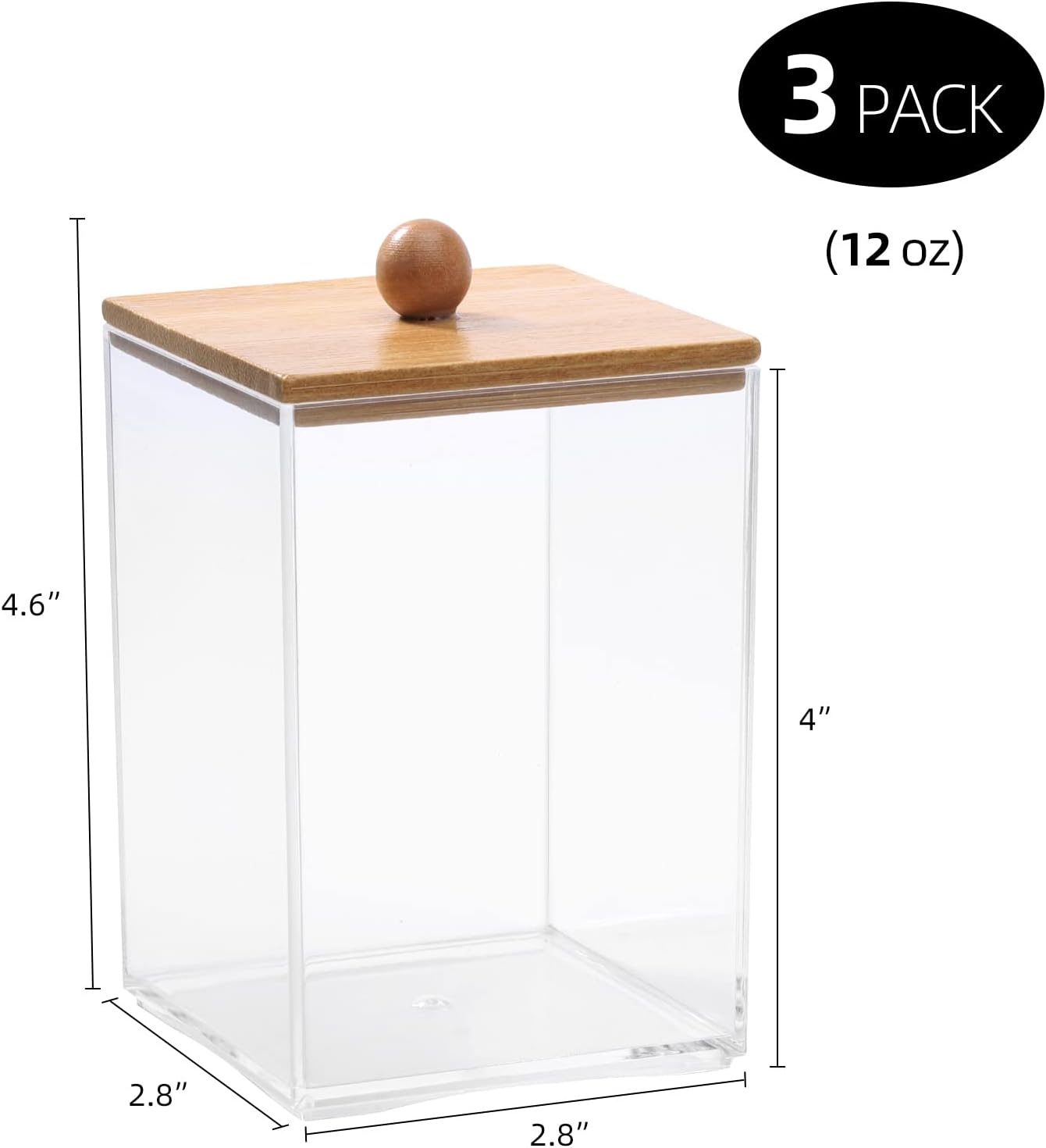 Tbestmax Square Qtip Holder Set - 12 oz Bathroom Organizers with Bamboo Lids for Cotton Swabs & Balls