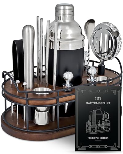 Home Hero 22-Piece Silver Bartender Kit with Wooden Stand & Recipe Book