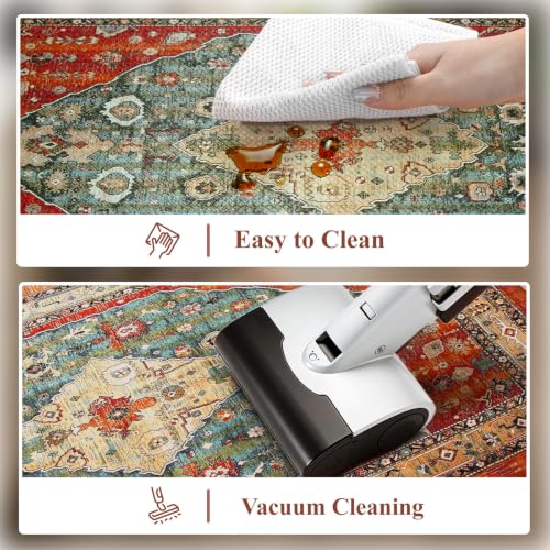 Collive Boho Kitchen Rug Set of 2 Fall Waterproof Floor Mats - Terracotta Rust & Teal, 17.3x47 & 17.3x29 inches