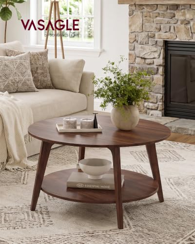 VASAGLE 2-Tier Round Coffee Table - Chestnut Walnut, Mid-Century Modern, 31.5 Inch Diameter