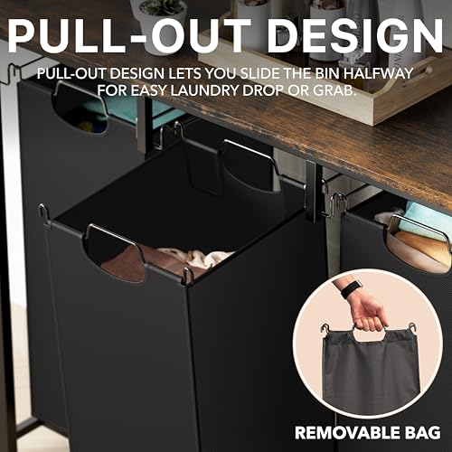 Laundry Sorter with Tabletop Shelf - 3-Section Fabric Hampers, Rustic Brown