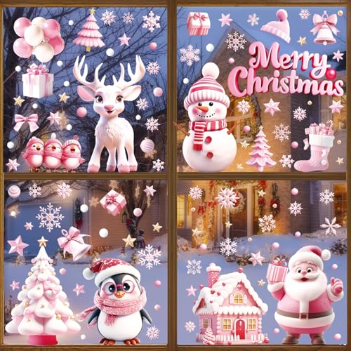 9 Sheets Christmas Window Clings, 3D Pink Santa Claus Snowman Penguin Deer Snowflake Christmas Tree Glass Door and Window Double-Sided Winter Holiday Decoration Sticker