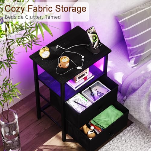 LOAKEKEL Black Two-Drawer LED Nightstand with Charging Station
