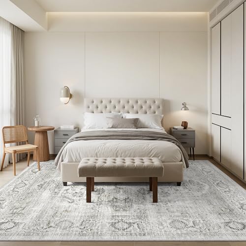 8x10 Ivory & Gray Non-Slip Washable Area Rug for Living Room