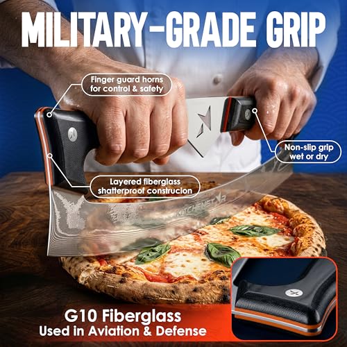 Gray 16-Inch KitchenStar Rocker Pizza Cutter with Damascus Steel Blade & Leather Sheath