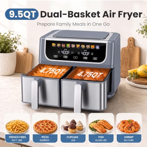 OLIXIS Dual Air Fryers with 2 Baskets 9.5 Qt Large Capacity 10-in-1, Grey / 16 x 14 x 11.5 inches