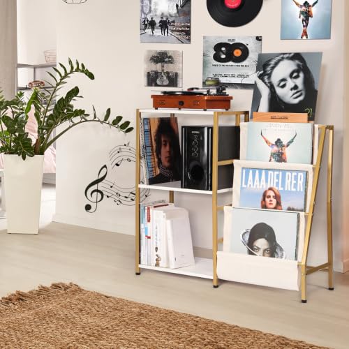 Gold and White Vinyl Record Storage Stand with Turntable Shelf and Now Playing Holder