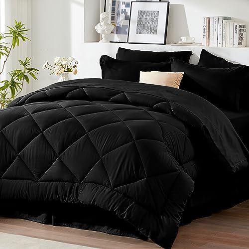Black Queen Comforter Set 8 Pieces Bed in a Bag - Soft Microfiber Bedding
