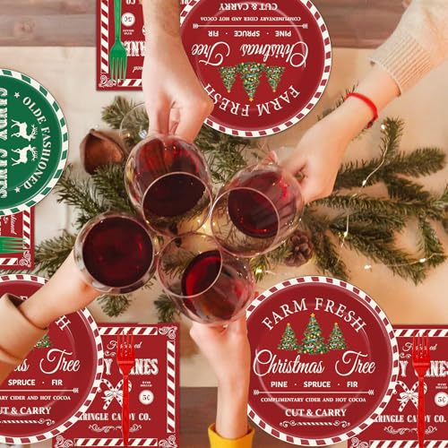 GOLDGAO 200Pcs Christmas Plates & Napkins Set, 9in & 7in Green Red Holiday Dinnerware – 50 Guests, 50 forks