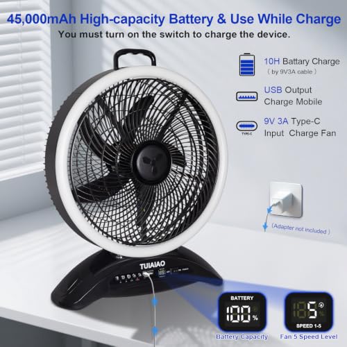 TUIAIAO 45000mAh Rechargeable Battery Fan for Hurricane with LED, Black & White