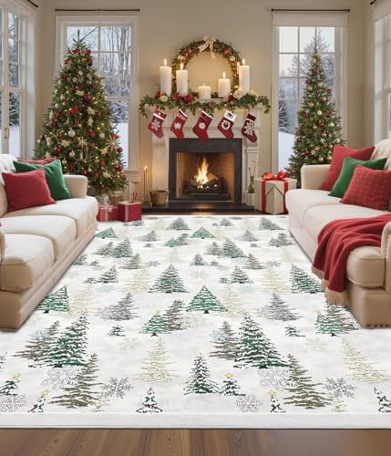 GarveeHome Red & Beige 8x10 Christmas Rug Non Slip Washable Snow Tree Decor