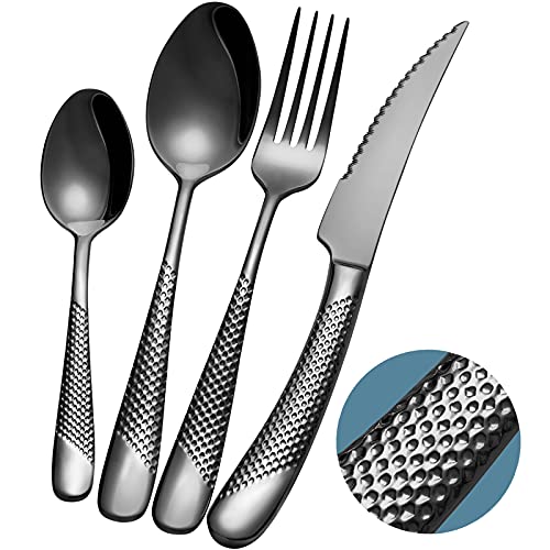 Black Hammered 16-Piece Stainless Steel Silverware Set - Xideman