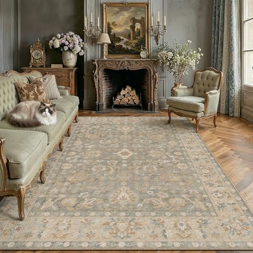 Large 8x10 Brown Neutral Vintage Area Rug - Distressed Floral Design, Non-Slip, Machine Washable