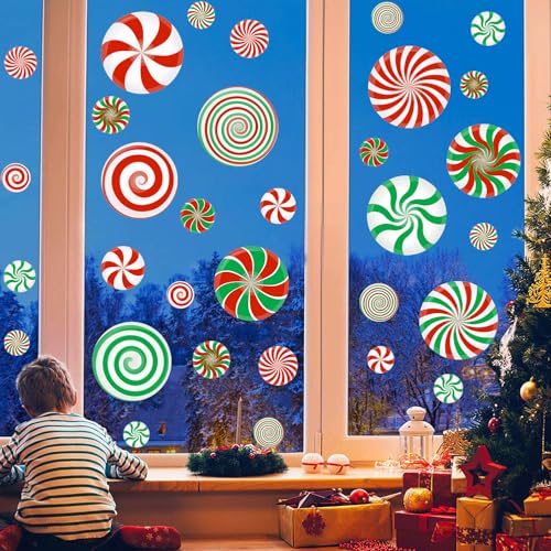 Colorful Christmas Candy Window Clings - 45 Pack Peppermint Holiday Decorations