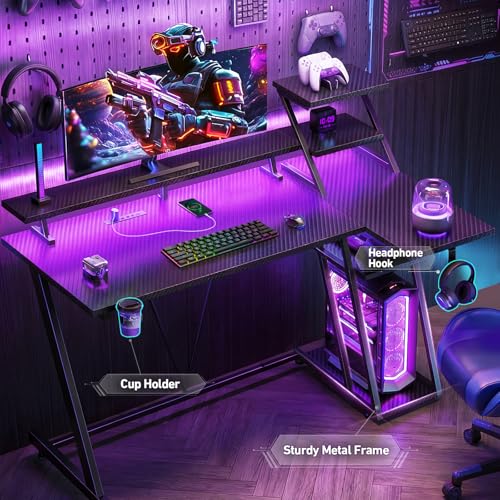 Korfile 40 Inch Gaming Desk with LED RGB Lighting & Power Outlets - Carbon Fiber Black