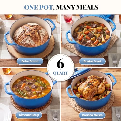 DUMOS 6 Quart Enamel Cast Iron Dutch Oven - Gradient Blue, Lid Included