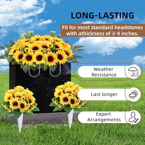 Lodou 3-Pcs Yellow Artificial Cemetery Flowers for Grave - Headstone Saddle + 2 Grave Bouquets