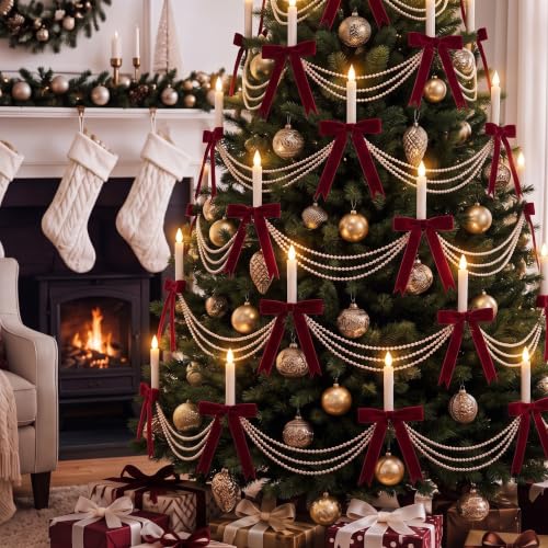 48PCS Christmas Pearl Garland & Velvet Bow Decor Set with Flameless Candles