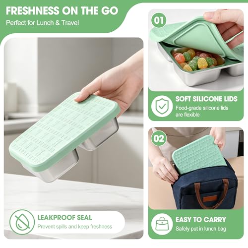 4 Pack Stainless Steel Snack Containers with Silicone Lids - Leakproof Bento Lunch Boxes, Reusable 4-Compartment Food Storage
