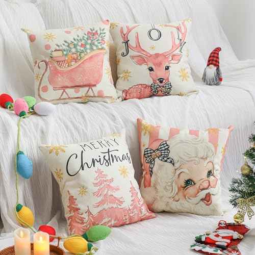 Christmas Pillow Covers, 18x18 Set of 4 Pink Xmas Pillow Covers Decor, Santa Snowflake Merry Christmas Tree Reindeer Joy Gift, Winter Pillowcase Decorative Throw Cushion Case for Sofa Caces