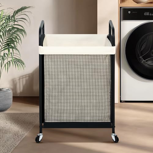 Beige STO STO 90L Rolling Laundry Hamper with Removable Washable Liner and Lockable Wheels