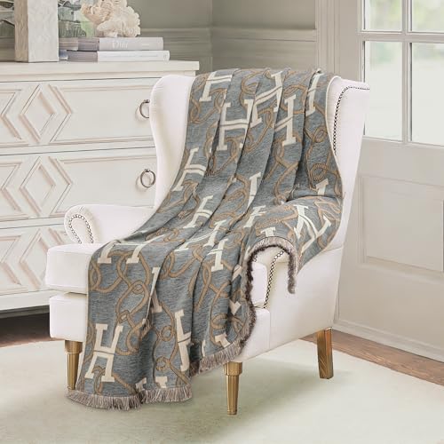 Jacquard Letter H Throw Blanket for Couch - Gray with Green Undertones, 52x72