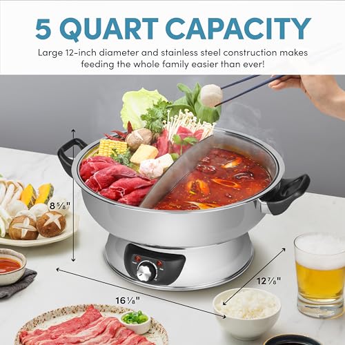 Dual-Sided Hot Pot 5Qt Stainless Steel - Adjustable Temperature, Dishwasher Safe